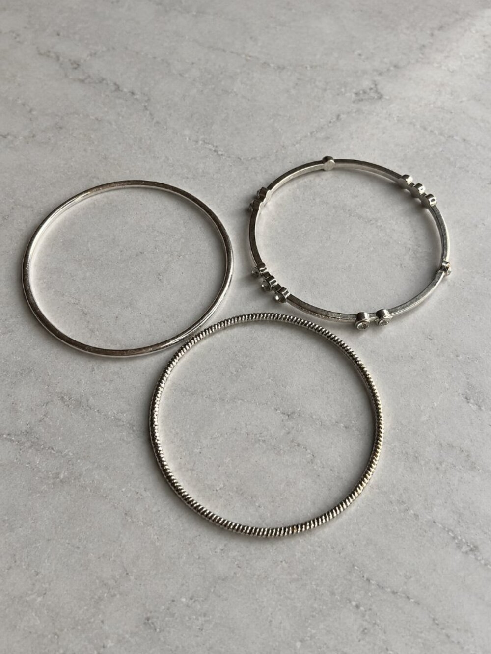 Silver Tone Bangle Bracelet Set of 3 Stacking Mixed Texture Small 2.5 in